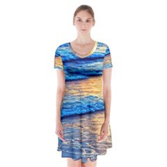 Ocean Sunset Short Sleeve V-neck Flare Dress by GardenOfOphir