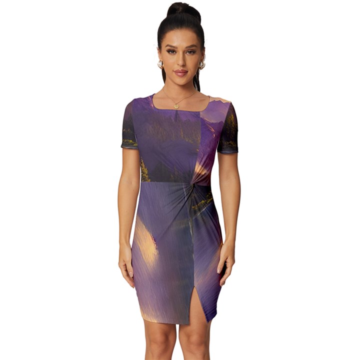 Colored Hues Sunset Fitted Knot Split End Bodycon Dress