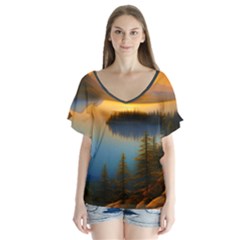 Distant Sunset V-neck Flutter Sleeve Top by GardenOfOphir