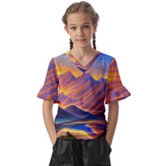 Great Sunset Kids  V-neck Horn Sleeve Blouse by GardenOfOphir