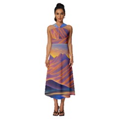 Great Sunset Sleeveless Cross Front Cocktail Midi Chiffon Dress by GardenOfOphir