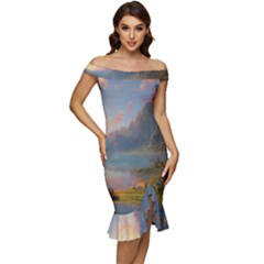 Marvelous Sunset Off Shoulder Ruffle Split Hem Bodycon Dress by GardenOfOphir