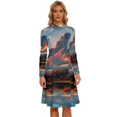 Opulent Sunset Long Sleeve Shirt Collar A-line Dress by GardenOfOphir
