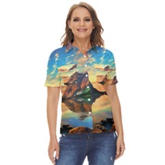 Portentous Sunset Women s Short Sleeve Double Pocket Shirt