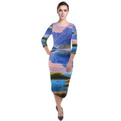 Romantic Lake Sunset Quarter Sleeve Midi Velour Bodycon Dress by GardenOfOphir