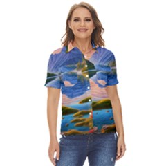 Romantic Lake Sunset Women s Short Sleeve Double Pocket Shirt