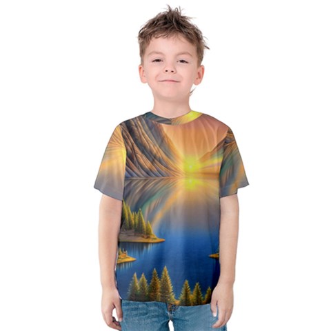 Remarkable Lake Sunset Kids  Cotton Tee by GardenOfOphir