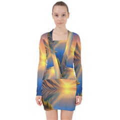 Remarkable Lake Sunset V-neck Bodycon Long Sleeve Dress by GardenOfOphir