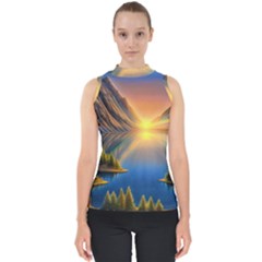 Remarkable Lake Sunset Mock Neck Shell Top by GardenOfOphir