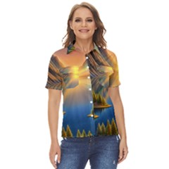 Remarkable Lake Sunset Women s Short Sleeve Double Pocket Shirt