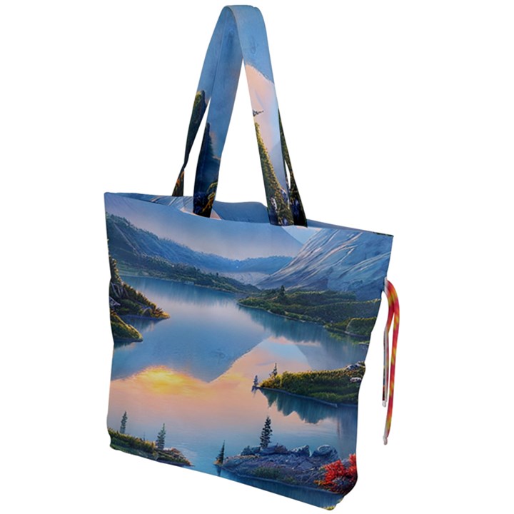 Somber Lake Sunset Drawstring Tote Bag