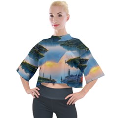 Somber Lake Sunset Mock Neck Tee by GardenOfOphir