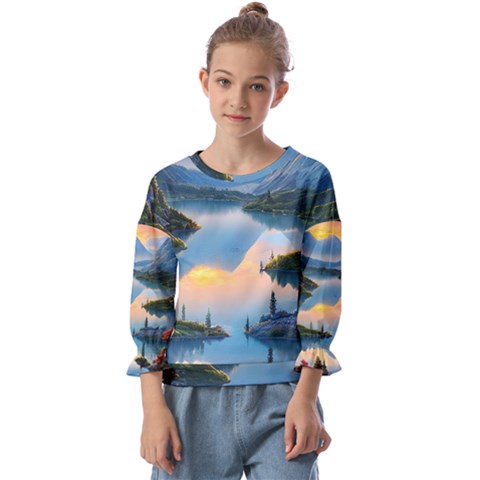 Somber Lake Sunset Kids  Cuff Sleeve Top by GardenOfOphir