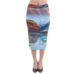 Breathtaking Landscape Scene Velvet Midi Pencil Skirt by GardenOfOphir