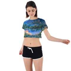 Stunning Sunset By The Lake Tie Back Short Sleeve Crop Tee by GardenOfOphir