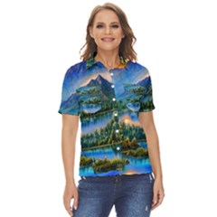 Stunning Sunset By The Lake Women s Short Sleeve Double Pocket Shirt