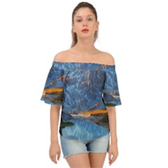 Majestic Lake Landscape Off Shoulder Short Sleeve Top by GardenOfOphir