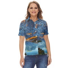 Majestic Lake Landscape Women s Short Sleeve Double Pocket Shirt