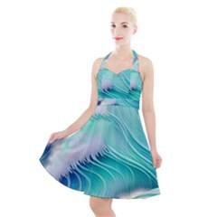 Stunning Pastel Blue Ocean Waves Halter Party Swing Dress 