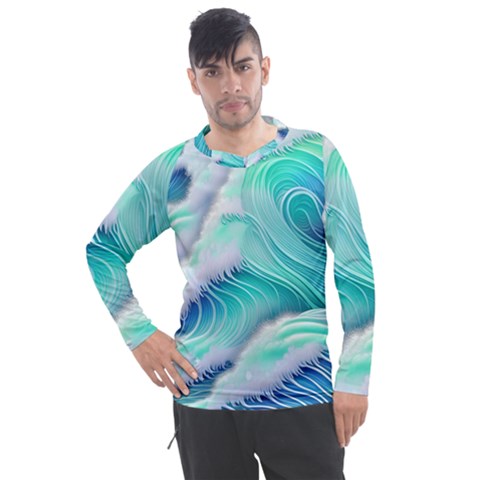 Stunning Pastel Blue Ocean Waves Men s Pique Long Sleeve Tee by GardenOfOphir