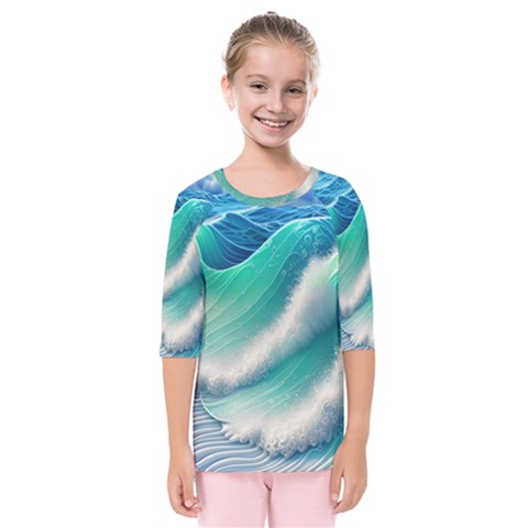 Beautiful Abstract Pastel Ocean Waves Kids  Quarter Sleeve Raglan Tee by GardenOfOphir