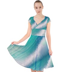 Beautiful Abstract Pastel Ocean Waves Cap Sleeve Front Wrap Midi Dress by GardenOfOphir