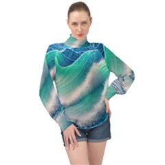 Beautiful Abstract Pastel Ocean Waves High Neck Long Sleeve Chiffon Top by GardenOfOphir