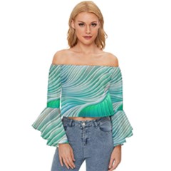 Pastel Abstract Waves Pattern Off Shoulder Flutter Bell Sleeve Top by GardenOfOphir