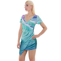 Pink Sky Blue Ocean Waves Short Sleeve Asymmetric Mini Dress by GardenOfOphir
