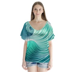 Pink Sky Blue Ocean Waves V-neck Flutter Sleeve Top by GardenOfOphir