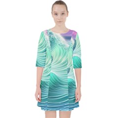 Pink Sky Blue Ocean Waves Quarter Sleeve Pocket Dress by GardenOfOphir