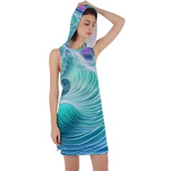 Pink Sky Blue Ocean Waves Racer Back Hoodie Dress by GardenOfOphir