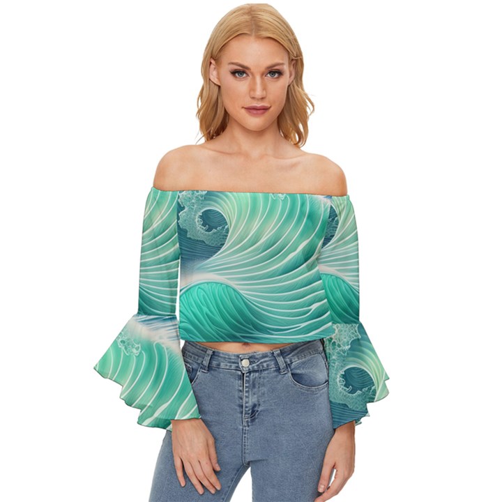 Pink Sky Blue Ocean Waves Off Shoulder Flutter Bell Sleeve Top