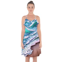 Shore Blue Ocean Waves Ruffle Detail Chiffon Dress by GardenOfOphir