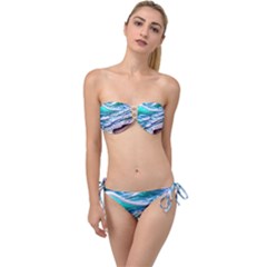 Shore Blue Ocean Waves Twist Bandeau Bikini Set by GardenOfOphir