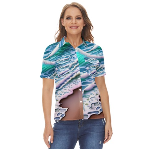 Shore Blue Ocean Waves Women s Short Sleeve Double Pocket Shirt by GardenOfOphir