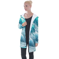 Pastel Blue Ocean Waves Iii Longline Hooded Cardigan