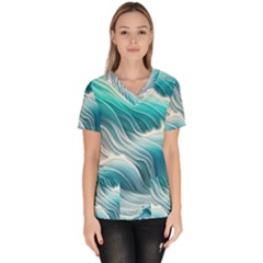 Pastel Blue Ocean Waves Iii Women s V-neck Scrub Top by GardenOfOphir