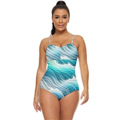 Pastel Blue Ocean Waves Iii Retro Full Coverage Swimsuit