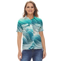 Pastel Blue Ocean Waves Iii Women s Short Sleeve Double Pocket Shirt