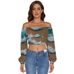 Abstract Waves Summertime On The Sea Long Sleeve Crinkled Weave Crop Top by GardenOfOphir