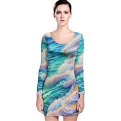 Waves At The Ocean s Edge Long Sleeve Velvet Bodycon Dress by GardenOfOphir