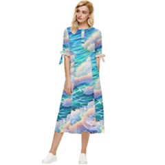 Waves At The Ocean s Edge Bow Sleeve Chiffon Midi Dress by GardenOfOphir