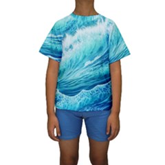 Blue Ocean Wave Watercolor Ii Kids  Short Sleeve Swimwear by GardenOfOphir