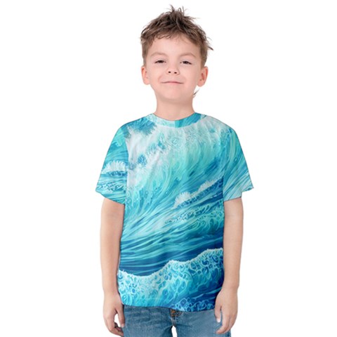 Blue Ocean Wave Watercolor Ii Kids  Cotton Tee by GardenOfOphir