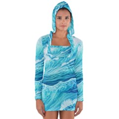 Blue Ocean Wave Watercolor Ii Long Sleeve Hooded T-shirt by GardenOfOphir