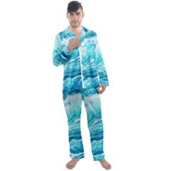 Blue Ocean Wave Watercolor Ii Men s Long Sleeve Satin Pajamas Set by GardenOfOphir