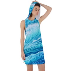 Blue Ocean Wave Watercolor Ii Racer Back Hoodie Dress by GardenOfOphir