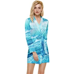 Blue Ocean Wave Watercolor Ii Long Sleeve Satin Robe by GardenOfOphir