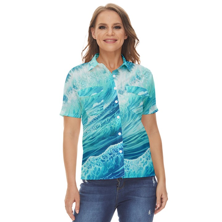 Blue Ocean Wave Watercolor Ii Women s Short Sleeve Double Pocket Shirt